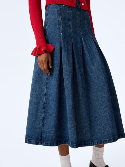 OMNES Pru Denim Pleated Midi Skirt, Mid Wash - view 2, Mid Wash