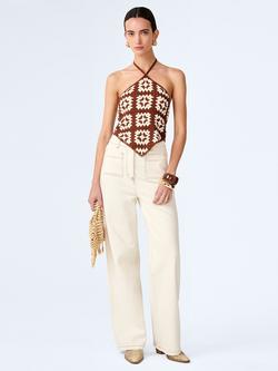 OMNES Miles Crochet Halterneck Top, Brown/Cream, Brown/Cream