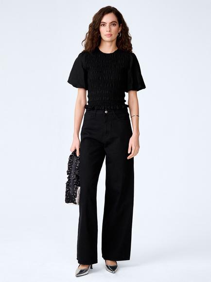 OMNES Nicolla Linen Rich Shirred Top, Black