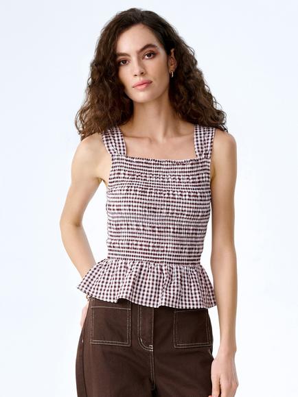 OMNES Rain Seersucker Gingham Top, Chocolate, Chocolate