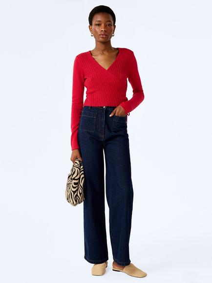 OMNES Soleil Cotton Crochet Cropped Wrap Top, Red, Red