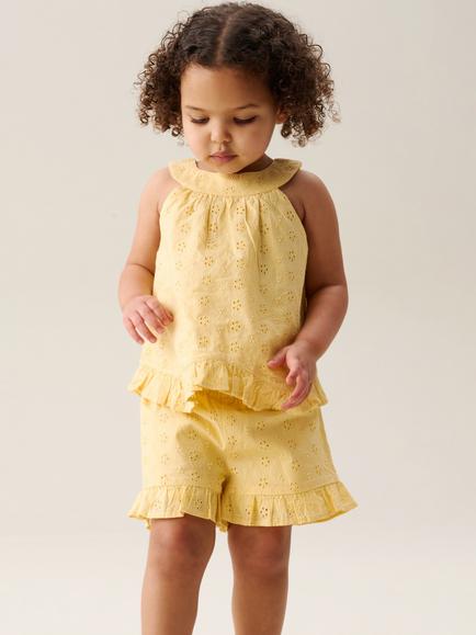 Angel & Rocket Baby Leona Broderie Frill Top & Short Set, Yellow, Yellow