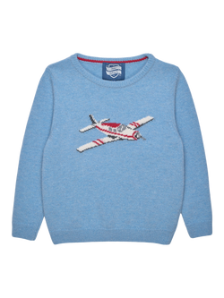 Trotters Kids' Wool Rich Vintage Plane Jumper, Mid Blue Marl, Mid Blue Marl