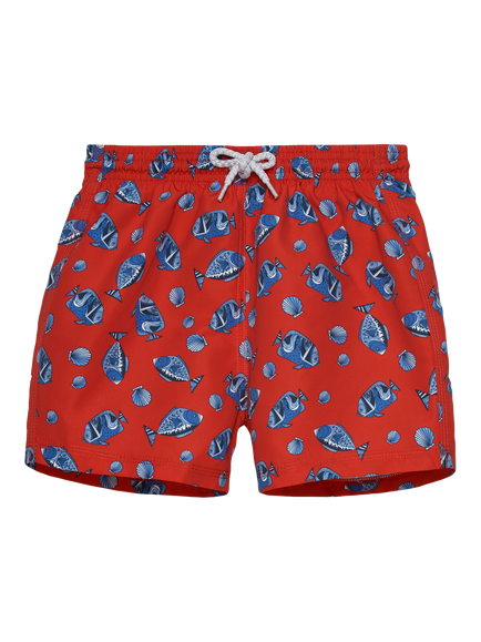 Trotters Kids' Fish Swim Shorts, Red, Red/Fish