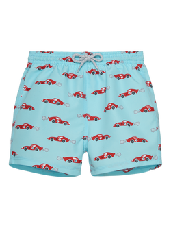 Trotters Kids' Seb Car Drawstring Swim Shorts, Pale Blue/Car, Pale Blue/Car