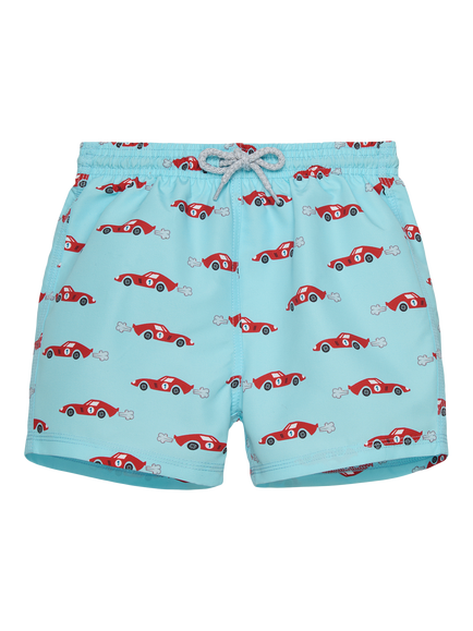 Trotters Kids' Seb Car Drawstring Swim Shorts, Pale Blue/Car, Pale Blue/Car