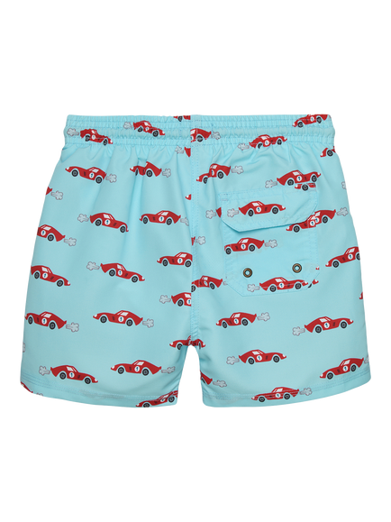 Trotters Kids' Seb Car Drawstring Swim Shorts, Pale Blue/Car - view 2, Pale Blue/Car