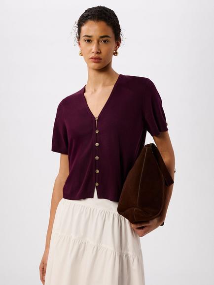 Whistles Button Down Short Sleeve Cardigan, Purple
