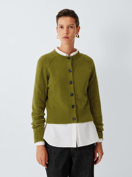 John Lewis Soft Cotton Blend Knit Crew Neck Cardigan, Olive, Olive