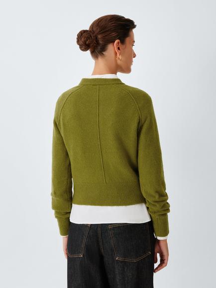 John Lewis Soft Cotton Blend Knit Crew Neck Cardigan, Olive - view 2, Olive