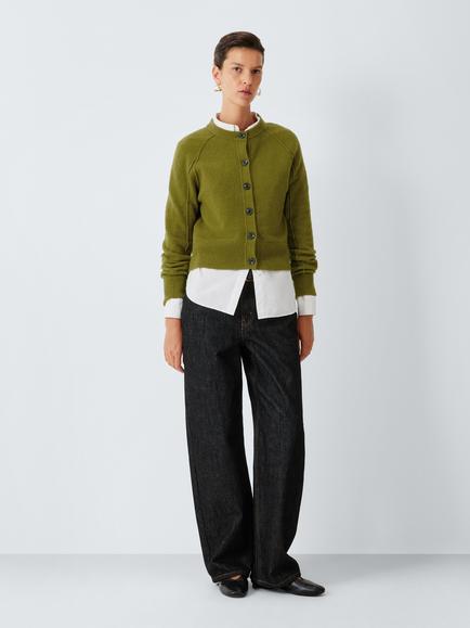John Lewis Soft Cotton Blend Round Neck Cardigan, Olive