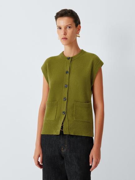 John Lewis Soft Cotton Blend Knit Crew Neck Waistcoat, Olive