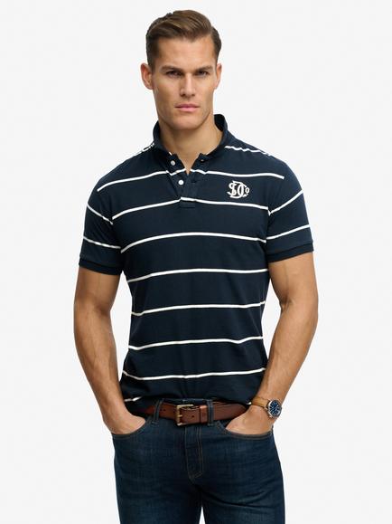 Superdry Cotton Regular Fit Short Sleeve Vintage Stripe Polo Shirt, Navy Stripe, Navy Stripe