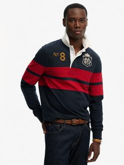 Superdry Cotton Regular Fit Double Emblem Stripe Rugby Shirt, Navy/Red Chest Stripe, Nvy/Red Chest Stripe