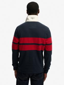 Superdry Cotton Regular Fit Double Emblem Stripe Rugby Shirt, Navy/Red Chest Stripe - view 2, Nvy/Red Chest Stripe