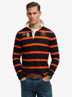 Superdry Cotton Regular Fit Double Emblem Stripe Rugby Shirt, Navy/Orange Stripe, Navy/Orange Stripe