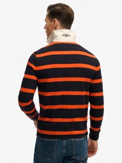 Superdry Cotton Regular Fit Double Emblem Stripe Rugby Shirt, Navy/Orange Stripe - view 2, Navy/Orange Stripe