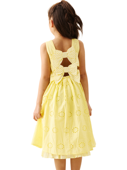 Angel & Rocket Kids' Sleeveless Broderie Bow Back Dress, Lemon - view 2, Lemon