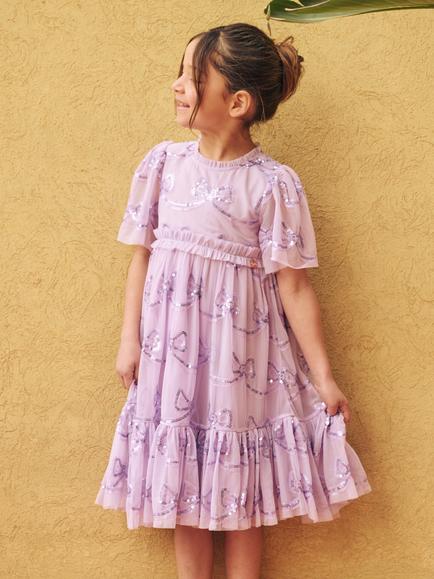 Angel & Rocket Kids' Sequin Bow Mesh Dress, Purple - view 2, Purple