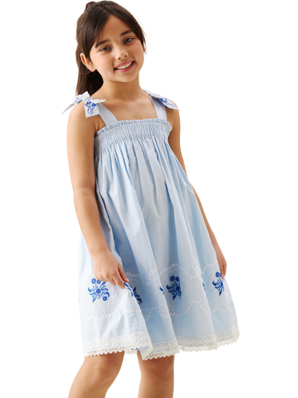 Angel & Rocket Kids' Tie Shoulder Embroidered Dress, Blue, Blue