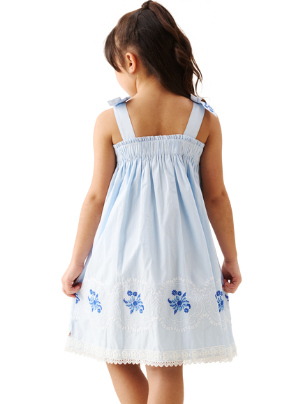 Angel & Rocket Kids' Tie Shoulder Embroidered Dress, Blue - view 2, Blue