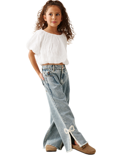 Angel & Rocket Kids' Lena Bow Embroidery Wide Leg Jeans, Blue - view 2, Blue