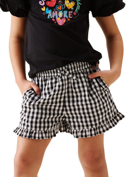 Angel & Rocket Kids' Megan Gingham Frill Shorts, Black/White, Black/White