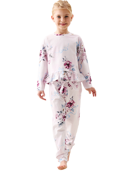 Angel & Rocket Kids' Paloma Floral Bow Frill Pyjamas, Pink, Pink