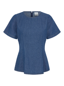 ICHI Peplum Hem Denim Top, Blue, Blue