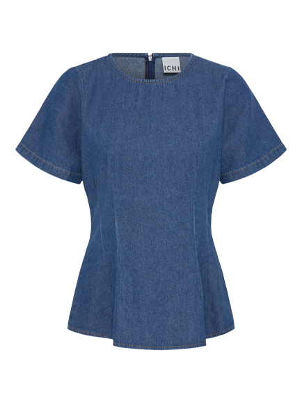 ICHI Peplum Hem Denim Top, Blue, Blue