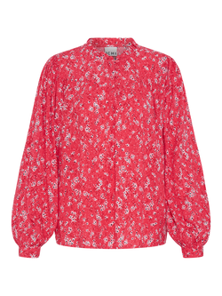 ICHI Vera Ruffle Neck Floral Top, Red/Multi, Red/Multi