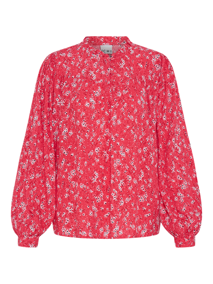 ICHI Vera Ruffle Neck Floral Top, Red/Multi, Red/Multi