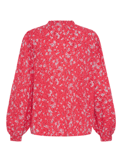 ICHI Vera Ruffle Neck Floral Top, Red/Multi - view 2, Red/Multi