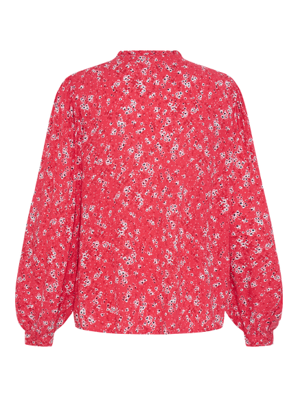 ICHI Vera Ruffle Neck Floral Top, Red/Multi - view 2, Red/Multi