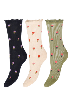 ICHI Iaanne Floral Stripe Ankle Socks, Pack of 3, Black/Cream/Green, Black/Cream/Green