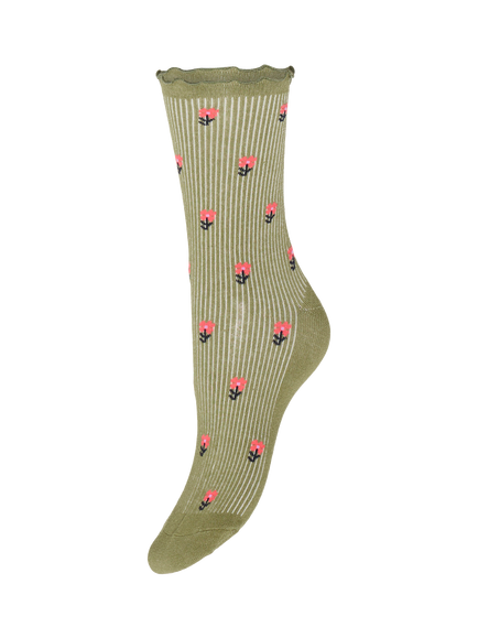 ICHI Iaanne Floral Stripe Ankle Socks, Pack of 3, Black/Cream/Green - view 2, Black/Cream/Green