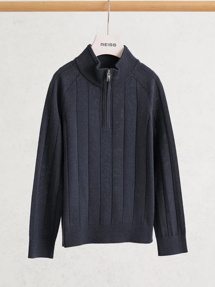 Reiss Kids' Findlay Zip Neck Wool Jumper, Midnight Navy - view 2, Midnight Navy