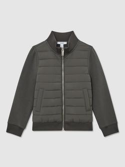Reiss Kids' Flintoff Quilted Hybrid Zip Front Jacket, Sage Green, Sage Green