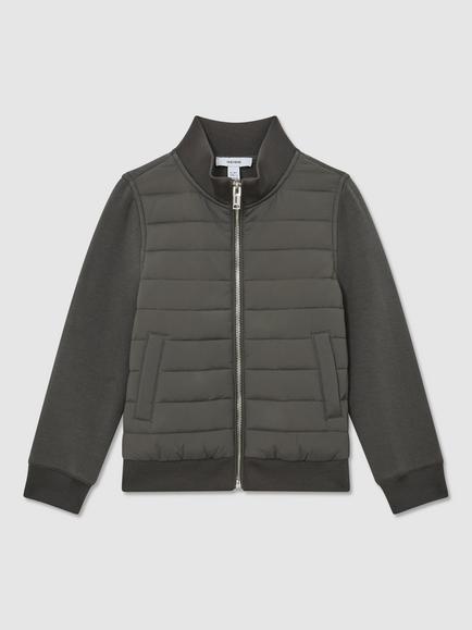 Reiss Kids' Flintoff Quilted Hybrid Zip Front Jacket, Sage Green, Sage Green