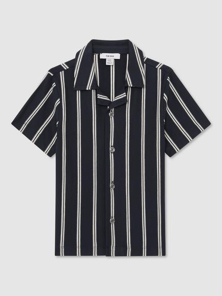 Reiss Kids' Emory Short Sleeve Striped Shirt, Navy/White