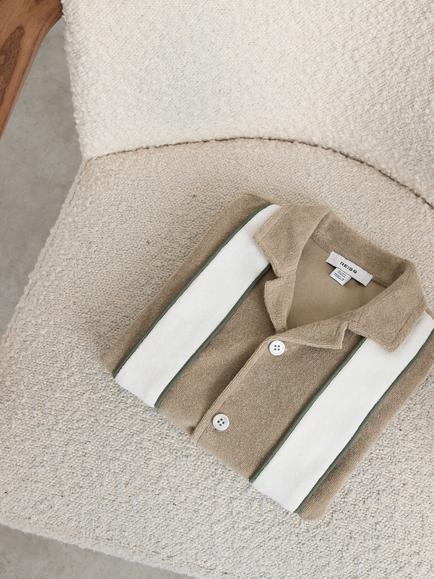 Reiss Kids' Rubus Stripe Cuban Shirt, Sage/White - view 2, Sage/White