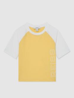 Reiss Kids' Baskin Short Sleeve Colour Block Logo T-Shirt, Yellow, Yellow