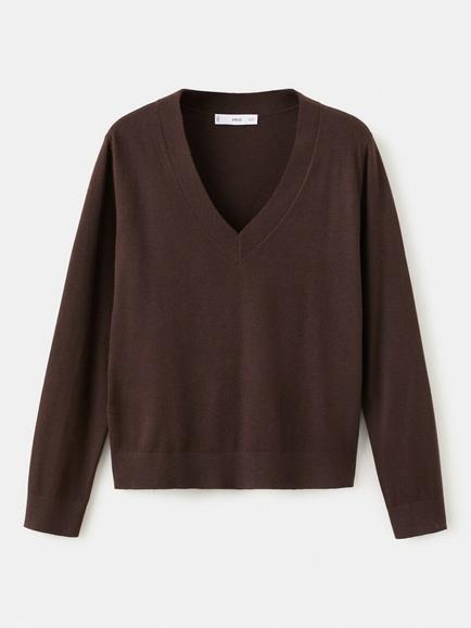Mango V-Neck Fine Knit Jumper, Chocolate, Chocolate