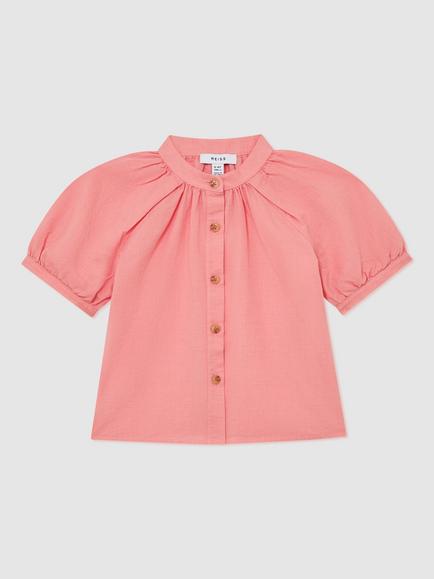Reiss Kids' Cleo Cotton Blend Puff Sleeve Top, Coral Pink, Coral Pink