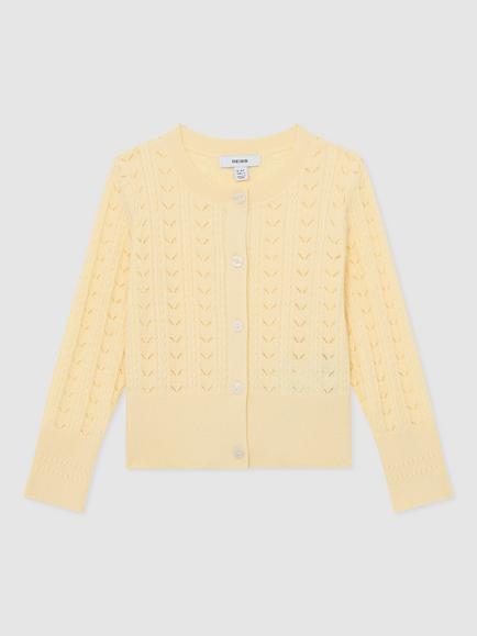 Reiss Kids' Cotton Blend Pointelle Cardigan, Lemon