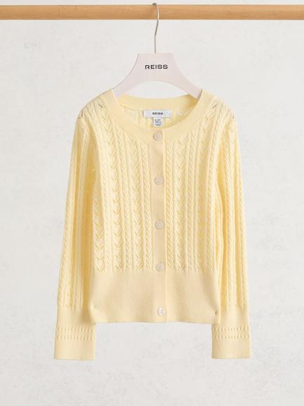 Reiss Kids' Cotton Blend Pointelle Cardigan - view 2, Lemon