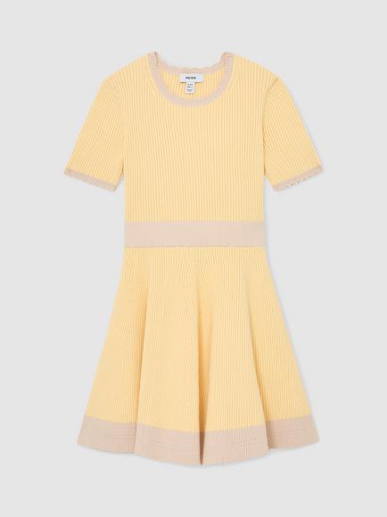 Reiss Kids' Coraline Short Sleeve Flare Dress, Lemon - view 2, Lemon