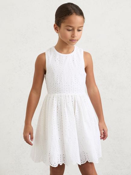 Reiss Kids' Malia Broderie Cross-Back Dress, White, White