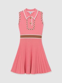 Reiss Kids' Niamh Sleeveless Pleated Colour Block Dress, Coral, Coral