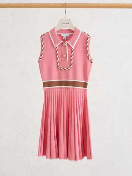 Reiss Kids' Niamh Sleeveless Pleated Colour Block Dress, Coral - view 2, Coral